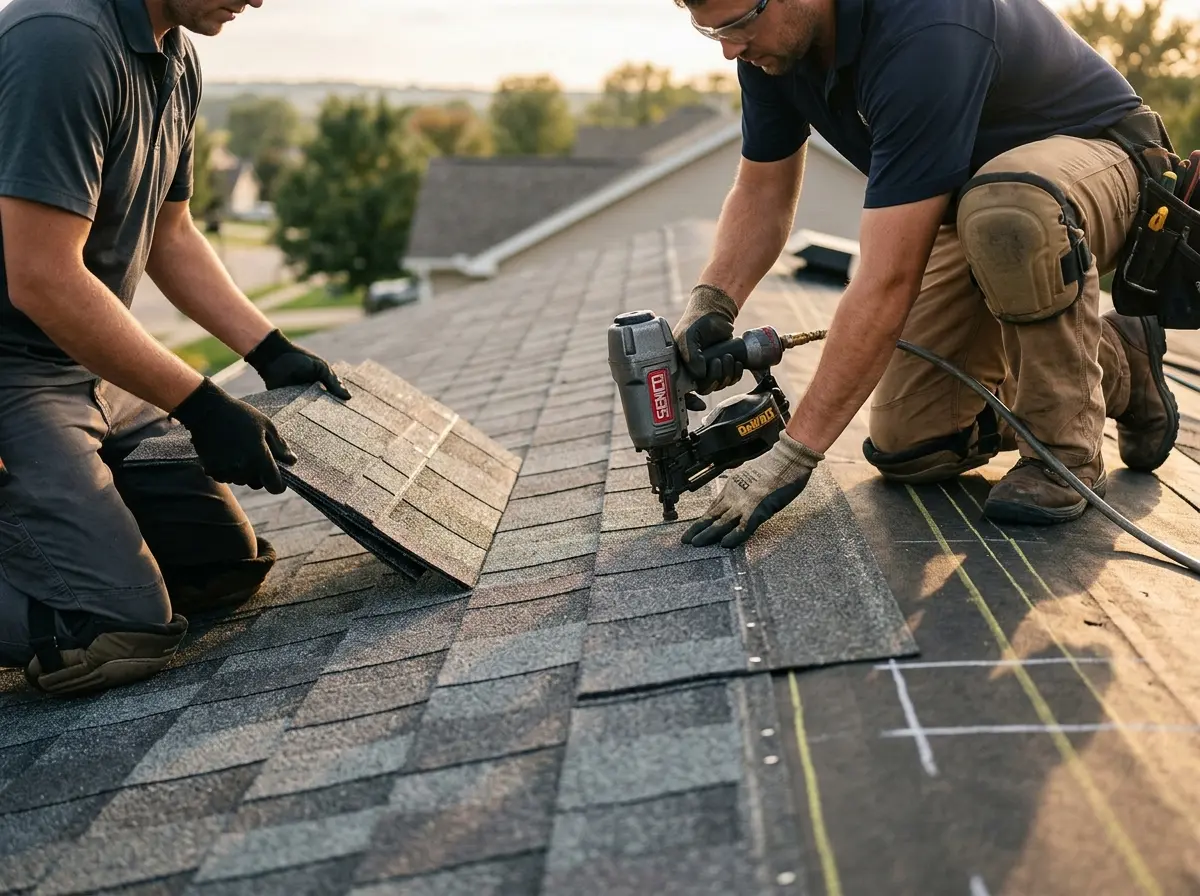 Professional roofer working on a residential roof in North Madison